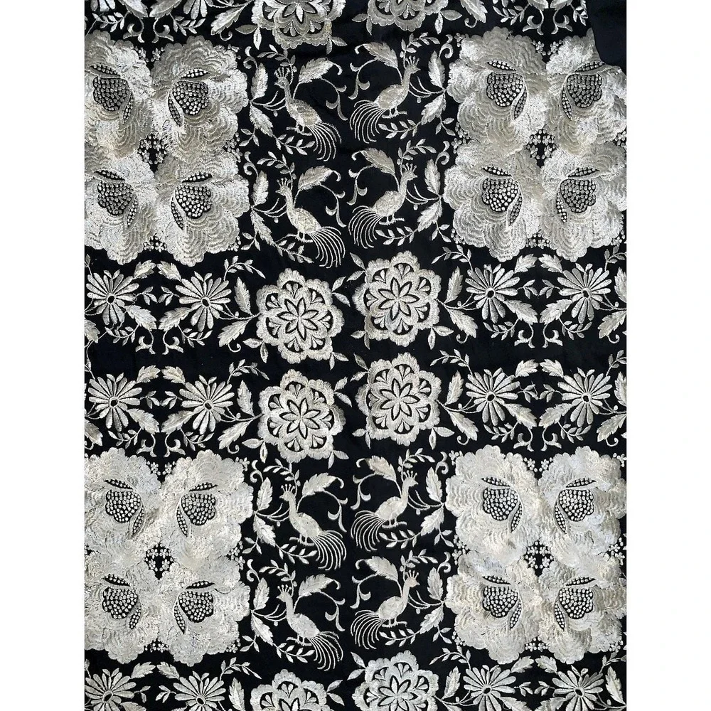 Antique Black Ivory Silk Floral w Peacocks Embroidered Manila Fashion Shawl READ